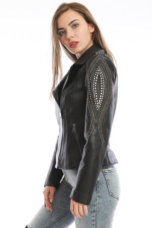 Arms Studded Women Leather Jacket (Slim Fit)