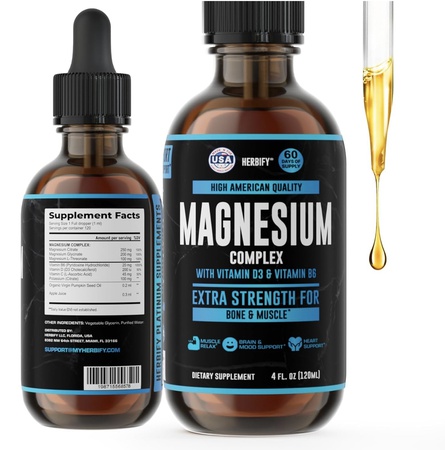 Капли с магниевым комплексом — глицинат магния, жидкий цитрат, L-треонат, комплекс с витамином D, витамином B6, витамином C — калиевая добавка для поддержки мышц, настроения, сердца и нервов — сделано в США — 4 унции