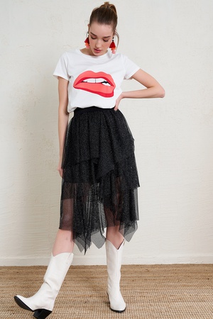 Pleated Asymmetric Cut Tulle Skirt