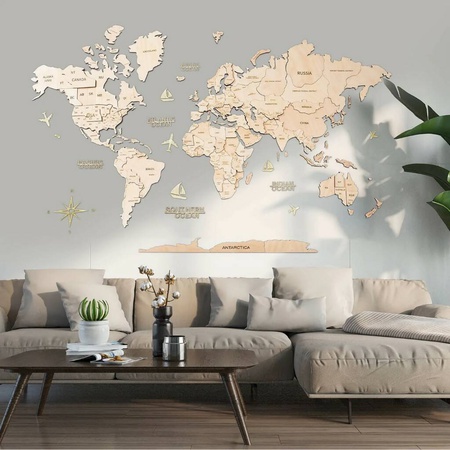 3D hacimsel ahşap dünya haritası, Boyut XL (200*120) DOĞAL