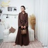 Long brown crossover coat with buttons.