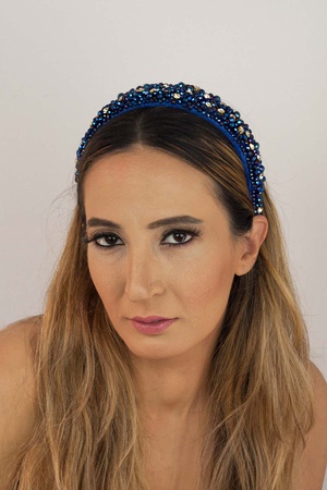 Bijusel El işlemesi Kristal Parlak Boncuklu Sax Mavi Kadife Kalın Taç