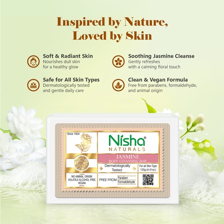 Nisha Jasmine Body Cleansing Soap Bar 125g – Paraben Free, Vegan, Gentle Cleanse for Soft & Supple Skin, Suitable for All Skin Types, Men & Women