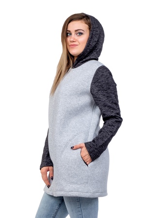 Kapüşonlu fermuarlı ceket (siyah kollu gri) M-0104СС