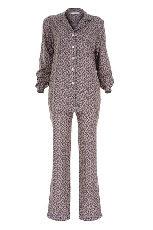 TENCEL - BİYELİ BAYAN PİJAMA TAKIM - KOYU BEJ ŞAL DESENLİ