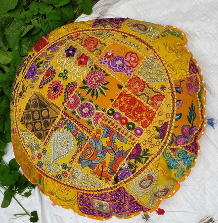 Patchwork Büyük Yer Minderi Yuvarlak Yastık Kılıfı Bohem Osmanlı Puf Ev Dekoratif Yer Yastığı Dekoratif Sarı Meditasyon Minderleri