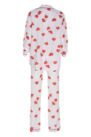 TENCEL - BİYELİ BAYAN PİJAMA TAKIM -BEYAZ GELİNCİKLİ