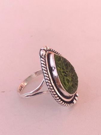 Handmade Sterling Silver Moldavite Ring: Bohemian Statement Jewelry