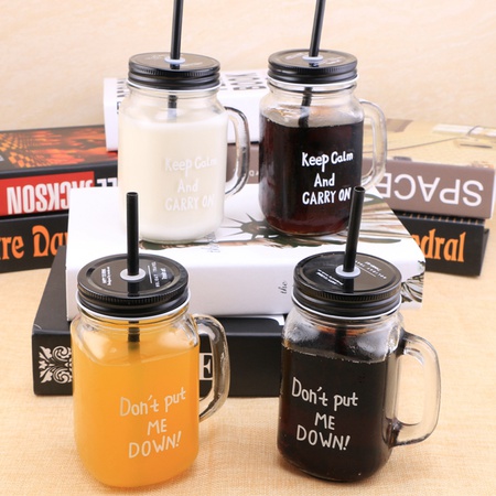 Кружка с трубочкой и крышкой в виде стеклянной банки с ручкой