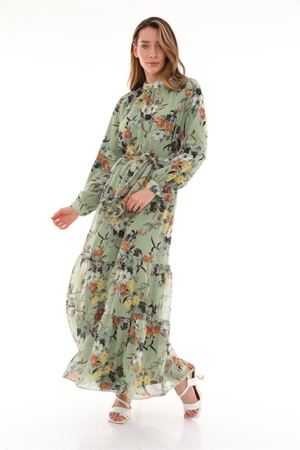 Женское длинное шифоновое платье с зеленым цветочным узором и воротником-стойкой