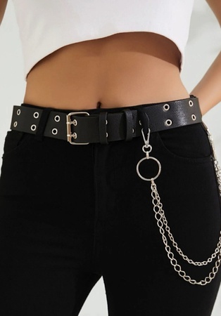 Женский ремень из искусственной кожи с люверсами и цепочкой