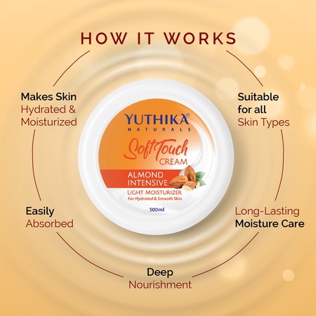 Yuthika Almond Intensive Light Moisturizer Cream 500ml | Non Sticky, Instant Hydration, Deep Nourishment | For Face, Hand & Body