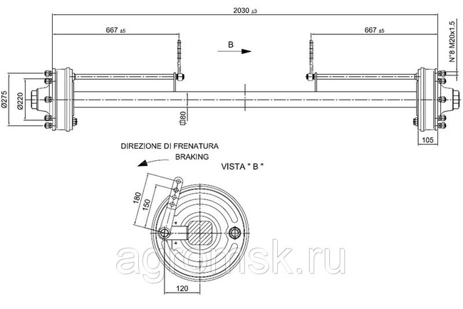 Ось тракторного прицепа ADR тормозная (для 2ПТС-10