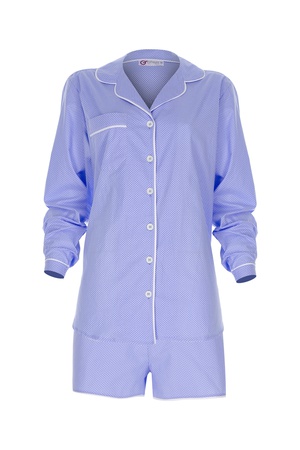 LİNEN -ÇİZGİLİ BAYAN BİYELİ UZUN KOLLU ÜST-ŞORT PİJAMA TAKIM - MAVİ-BEYAZ