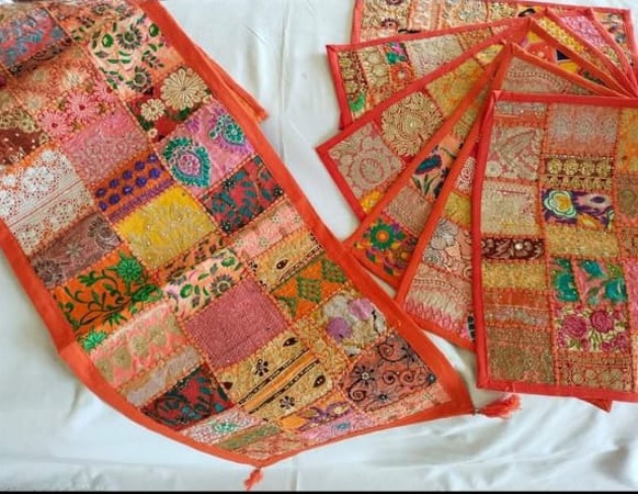 Индийский бегунок для стола, декор для комнаты, ткань Khambadiya, вышитый лоскутный хлопковый обеденный стол, многоцветный, ручной работы, декоративный настольный бегунок и коврики, набор 6