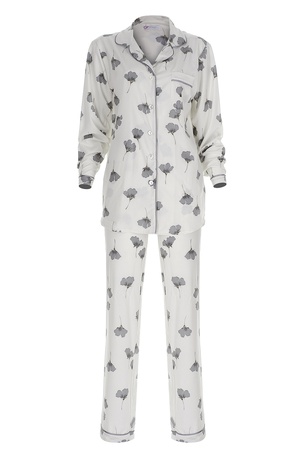 TENCEL - BİYELİ BAYAN PİJAMA TAKIM -GRİ GELİNCİKLİ