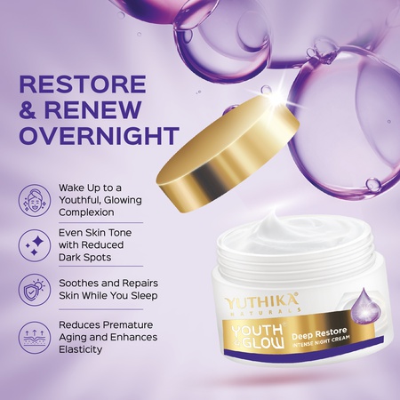 Yuthika Youth & Glow Deep Restore Night Cream for Women, Oil-Free, Reduces Dark Spots & Wrinkles (50g)