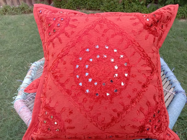 Red Cotton Rajasthani Mirror and Embroidery Work Cushion Cover handmade cushion cover sofa set cushion cover 2 Pieces Set