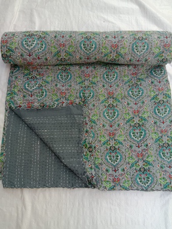 Ethnic Bohemian Drom Home Decor Pan Design Hand Stitching Reversible Block Printed Kantha Work Bed Throw,Wall Decor, Bedding,Quilt,Bed Cover