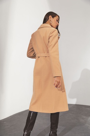 Женское пальто двубортное на запах с поясом персиковое