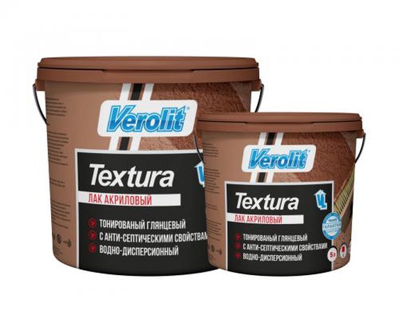Akrilik vernik Verolit. İç ve dış mekanlar için şeffaf dekoratif ve koruyucu akrilik vernik - 3 litre, 5 litre ve 10 litre.