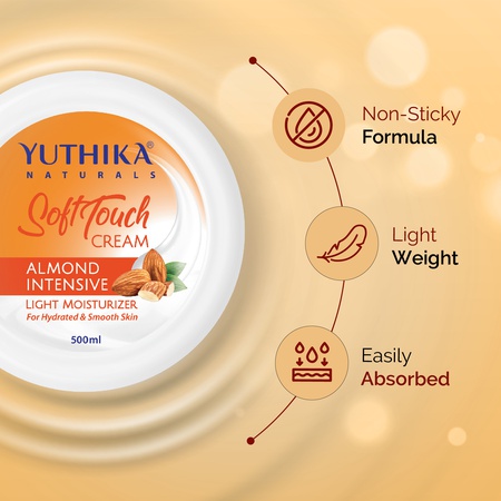 Yuthika Almond Intensive Light Moisturizer Cream 500ml | Non Sticky, Instant Hydration, Deep Nourishment | For Face, Hand & Body
