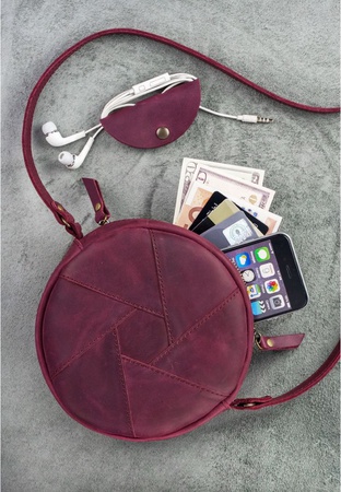 Кожаная круглая женская сумка Бон-Бон бордовая Crazy Horse