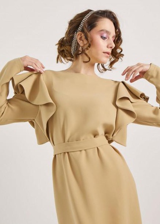 Camel Dress with Flared Shoulders