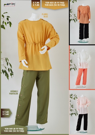 Flamlı Kız Çocuk Bluz / Düğmeli Pantolon