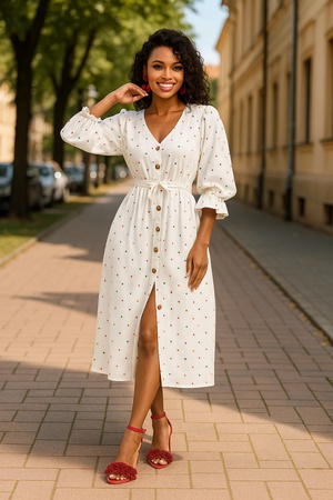 Женское платье миди с пуговицами и поясом