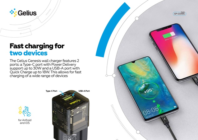 Duvar şarj cihazı Gelius Incredible Series Genesis USB + Type-C 30W GaN Şeffaf Siyah