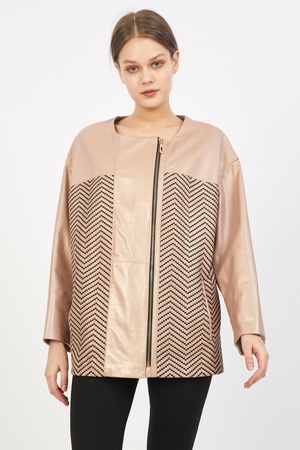 Leather jacket for women with leather knitting - Relaxed Fit