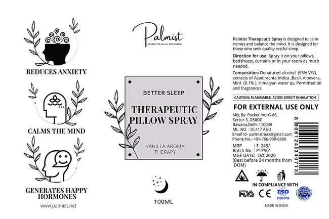 Palmist Therapeutic Pillow Spray 100ml for Sound and Effortless Sleep with Herbal Blends of Basil, Aloe Vera and Mint