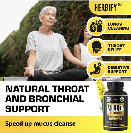 Капсулы с коровяком — очищение лёгких — экстракт листьев — мощный коровяк для поддержки иммунитета, детоксикации и поддержки дыхания — сделано в США — растительные добавки — 120 капсул