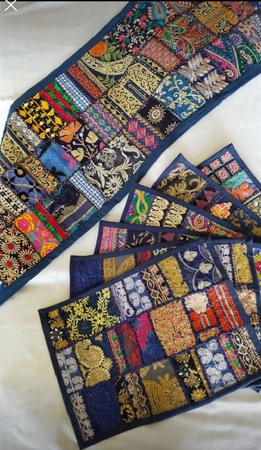 Индийский бегунок для стола, декор для комнаты, ткань Khambadiya, вышитый лоскутный хлопковый обеденный стол, многоцветный, ручной работы, декоративный настольный бегунок и коврики, набор 6