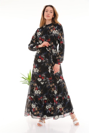 Женское черное длинное платье с цветочным узором и воротником-стойкой